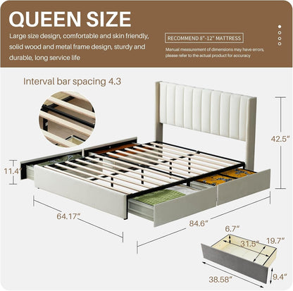 YUHUASHI Upholstered Queen-Size Platform Bed Frame with 4 Storage Drawers and Headboard, Velvet Upholstery with Wooden Slats Support, No Box Spring Required (Cream, Queen)