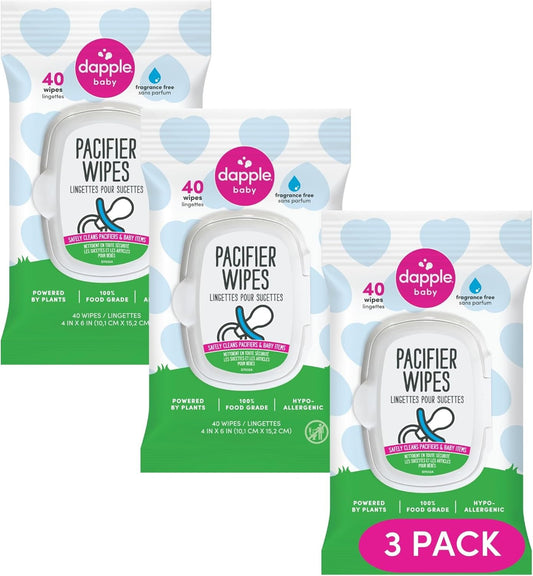 Dapple Pacifier Wipes, for Baby and Toddlers, Diaper Bag Essentials 40ct, Fragrance Free - Pack of 3
