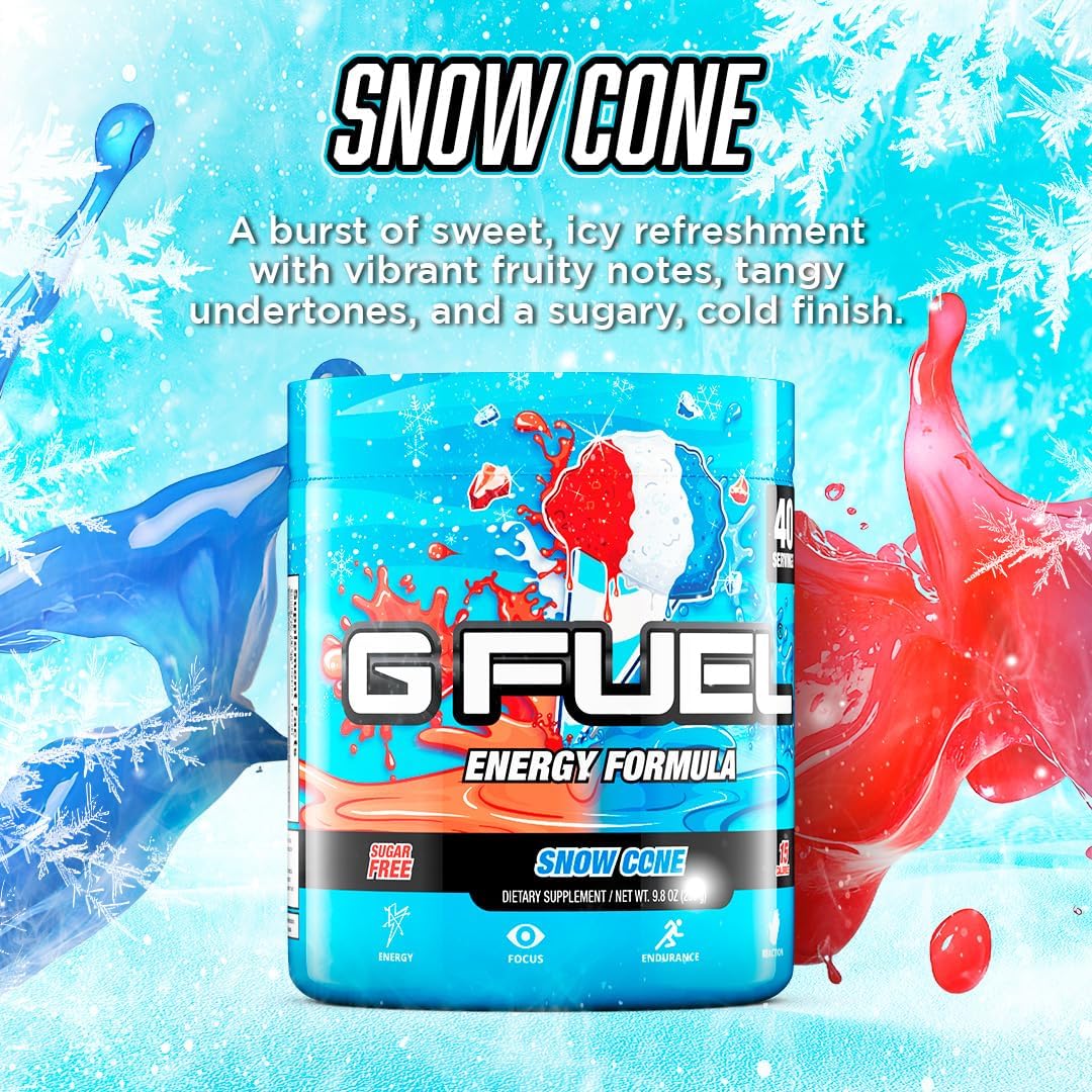 G Fuel Snow Cone Game-Changing Elite Energy Powder, Sharpens Mental Focus and Cognitive Function, Zero Sugar, Supports Immunity and Enhances Mood 9.8 oz (40 Servings)