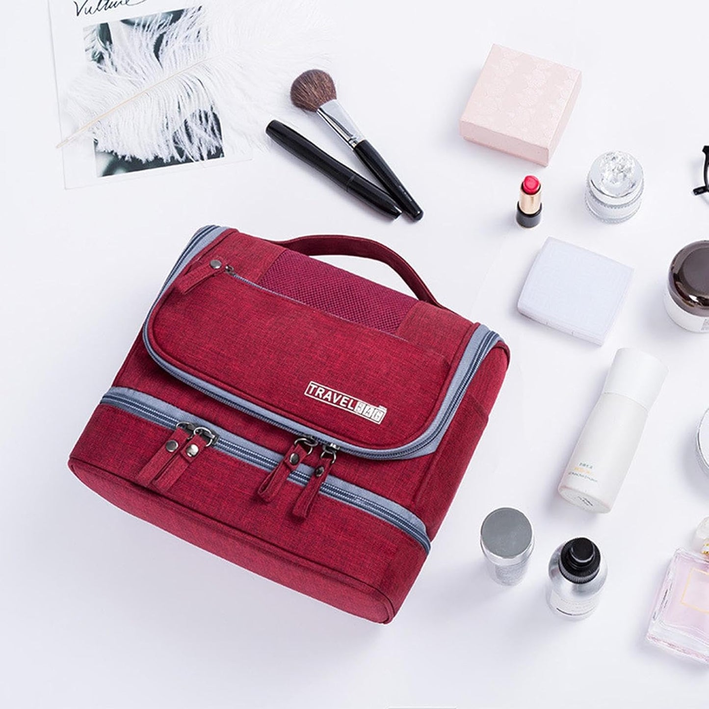Ravel Toiletry Bag, Large Capacity Zipper Bag, Wet and Dry Separation Bag, Travel Pouch with Hook, Toiletry Organizer for Travel, Waterproof Toiletry Bag for Travel and Home Use, Wine Red, Please