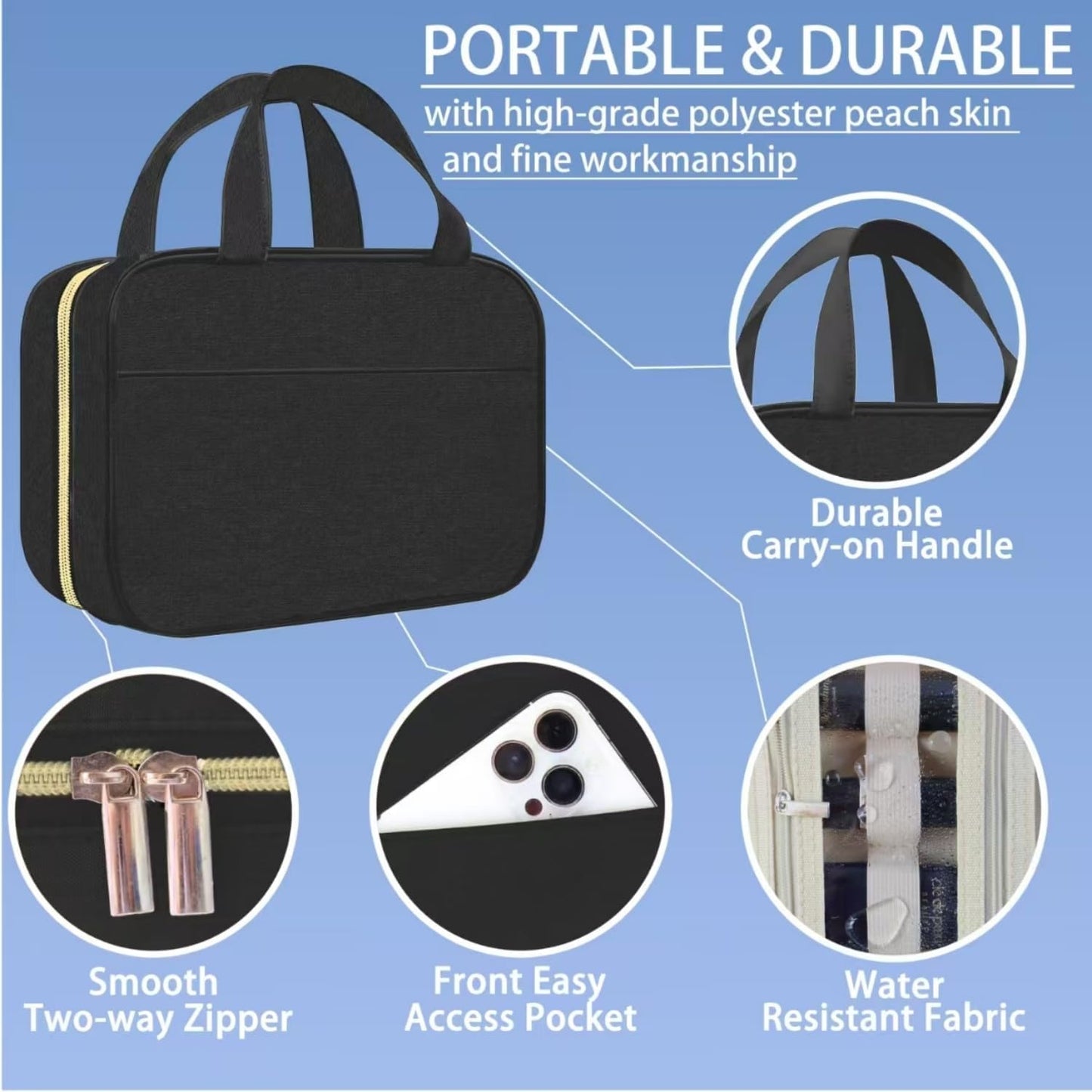 Travel Toiletry Bag with Hanging Hook, Water-Resistant Makeup Cosmetic Bag Travel Organizer for Travel-Sized Shampoo, Conditioner, Brushes Set, Makeup Accessories, Black