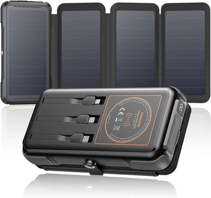 SOARAISE Wireless Solar Power Bank, 25000mAh Solar Charger with Built-in 3 Cables, Dual Outputs, 4 Solar Panels & 3 LED Flashlights Battery Pack for Outdoor Camping（Black）
