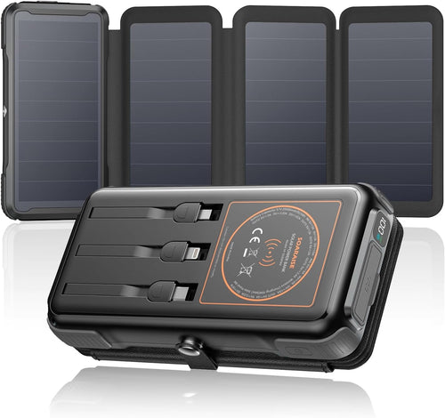 SOARAISE Wireless Solar Power Bank, 25000mAh Solar Charger with Built-in 3 Cables, Dual Outputs, 4 Solar Panels & 3 LED Flashlights Battery Pack for Outdoor Camping（Black）