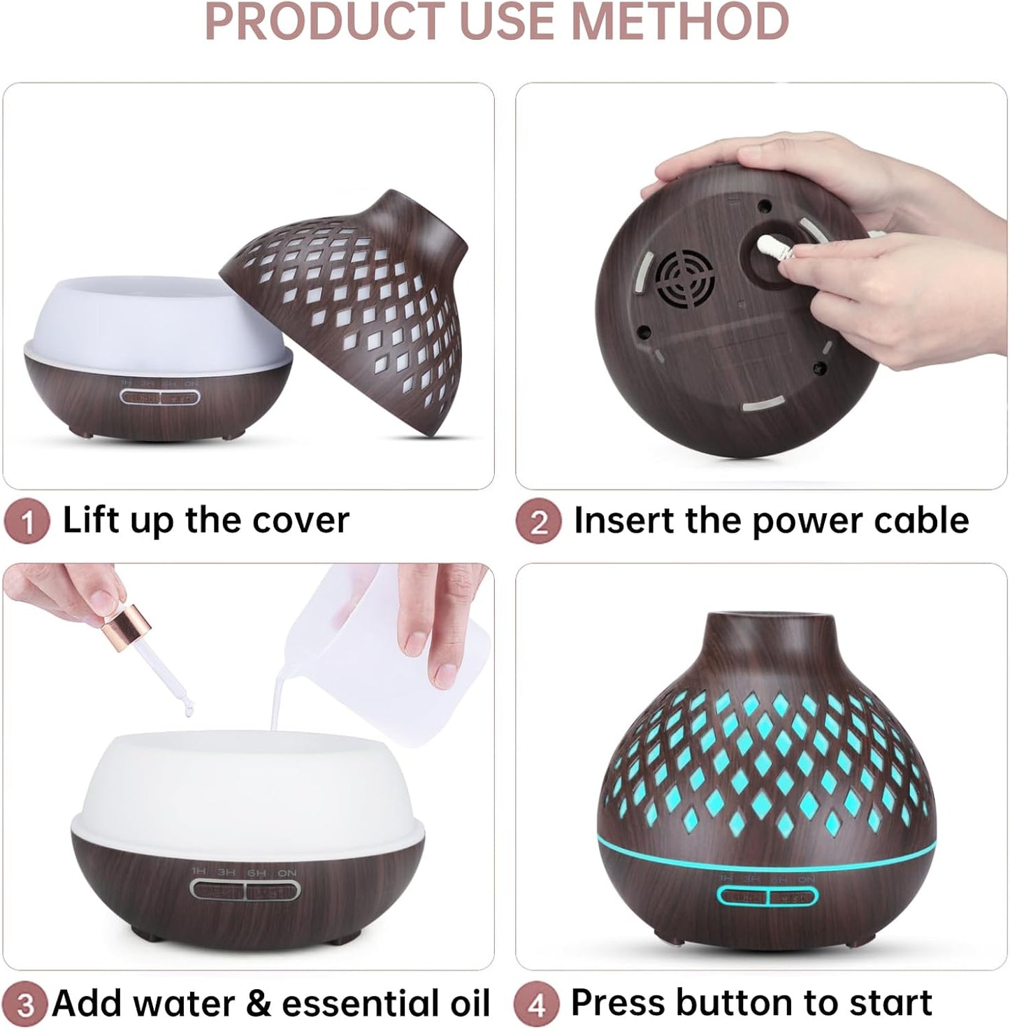 Essential Oil Diffuser, Aromatherapy Diffuser 500ml with Remote Control, 4 Timer & Auto-Off Safety Switch, 7 Color LED Lights Mode, 10 Hours Quiet Humidifier for Bedroom, Office & Home