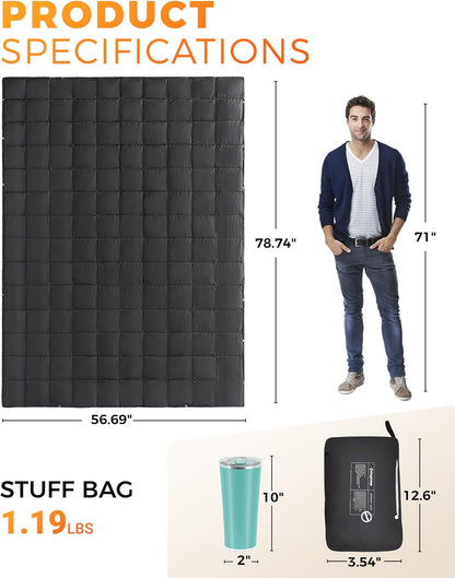 KingCamp XL Oversize Packable Lightweight Travel Down Alternative Warm Camping Blanket, Large Compact Outdoor Waterproof Insulated Blanket for Airplane, Hiking, Backpacking, Stadium, Park, Black