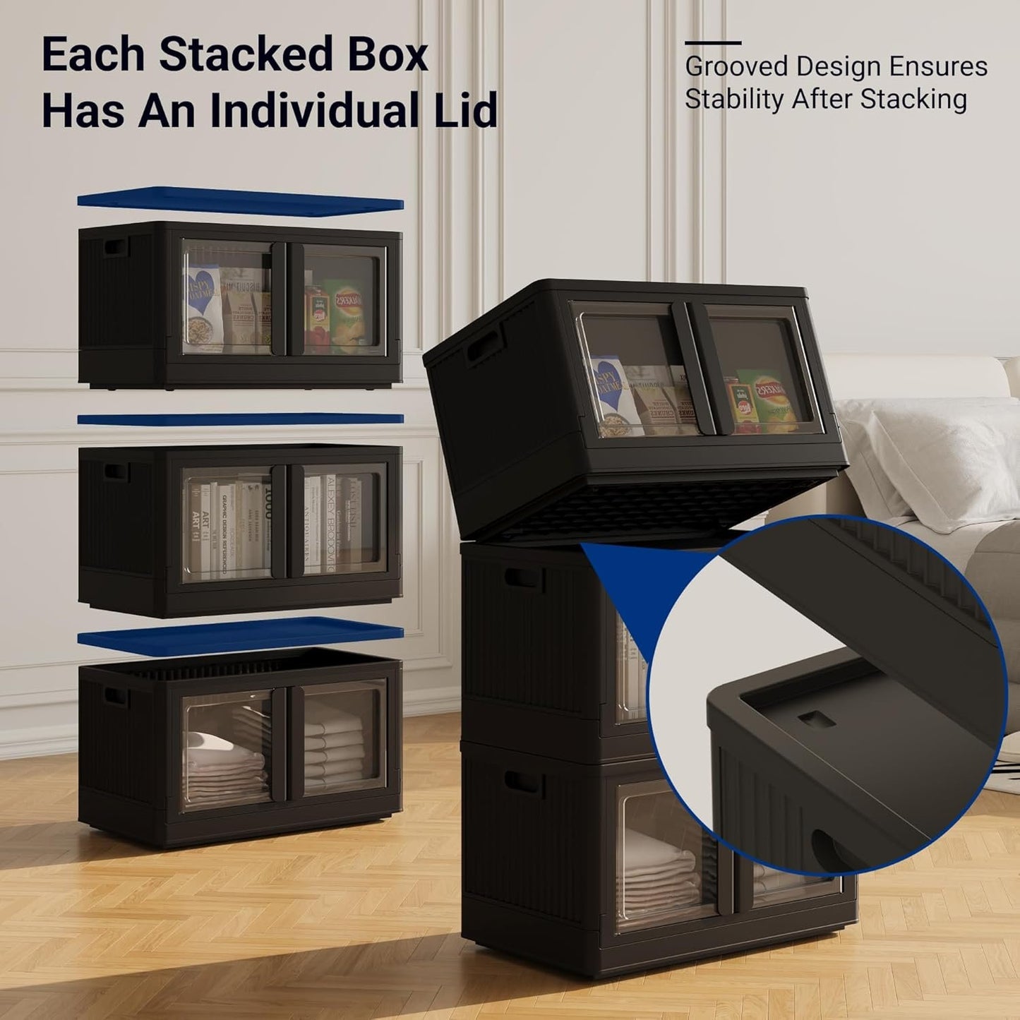 FLEXIMOUNTS Stackable Storage Bins With Lids, 8.4 Gal Closet Organizers and Storage with Doors, 3 pack Plastic Collapsible Storage Bins, Black Storage Containers For Home Essentials