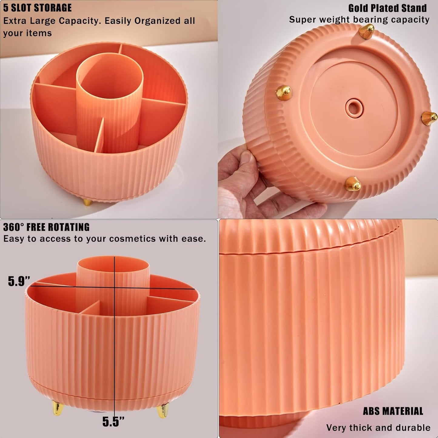 Makeup Brush Holder Organizer,360° Rotating Make up Organizer Storage,5 Slot Makeup Brushes Cup,for Vanity Decor,Bathroom Countertops,Desk Storage Container,Cosmetic Display Cases