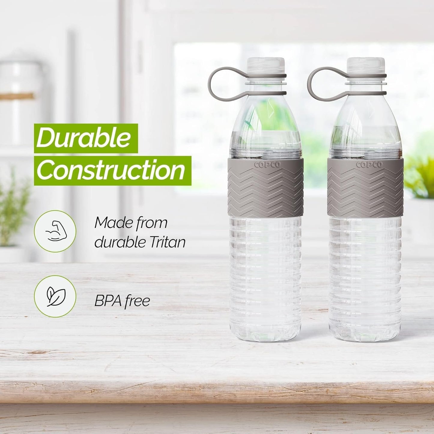 Copco Hydra 20 oz Tritan Water Bottle with Spill Resistant Lid & Non-Slip Sleeve (Set of 2) - BPA-Free, Dishwasher Safe, Fits Cup Holders, Great for Gym, Travel, Office - Durable & Lightweight (Grey)