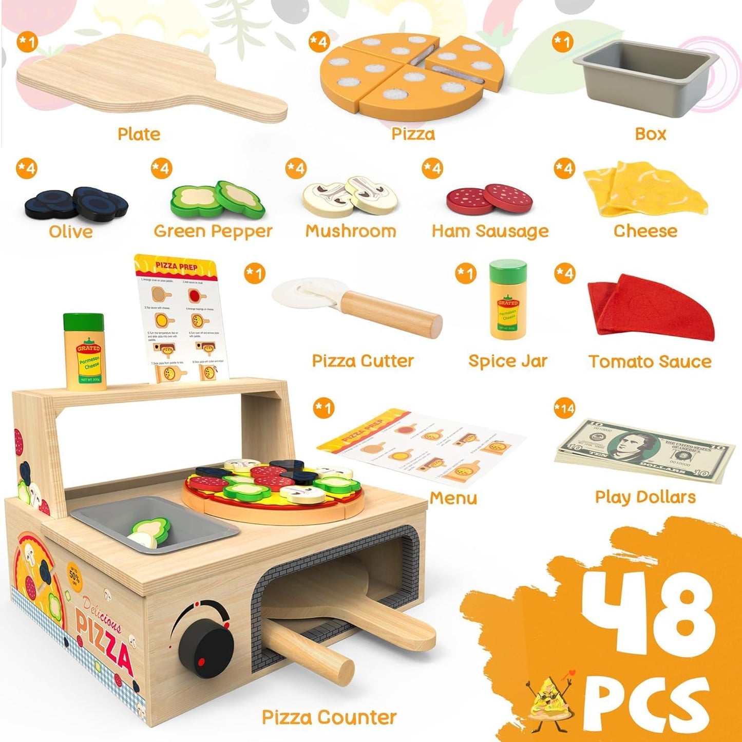 HELLOWOOD Wooden Pizza Counter Play Set Top & Bake Toy Set with Pizza Cutter 49 PCS Pretend Play Food Kitchen Set for Preschoolers Kids Boys Girls Ages 3+…