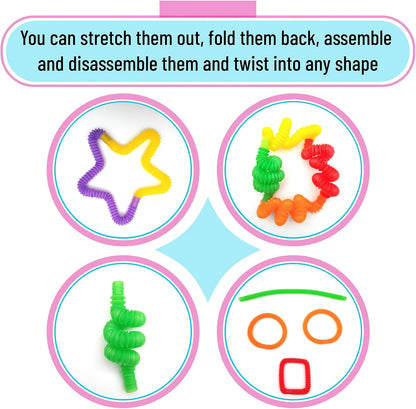 12 Pack Pop Tubes Sensory Toys with 6 Colors for Kids&Toddlers,Stress and Anxiety Relief Fidget Toy,Imaginative Play & Fine Motor Skills Learning,Tons of Ways to Play,Connect, Stretch, Twist & Pop