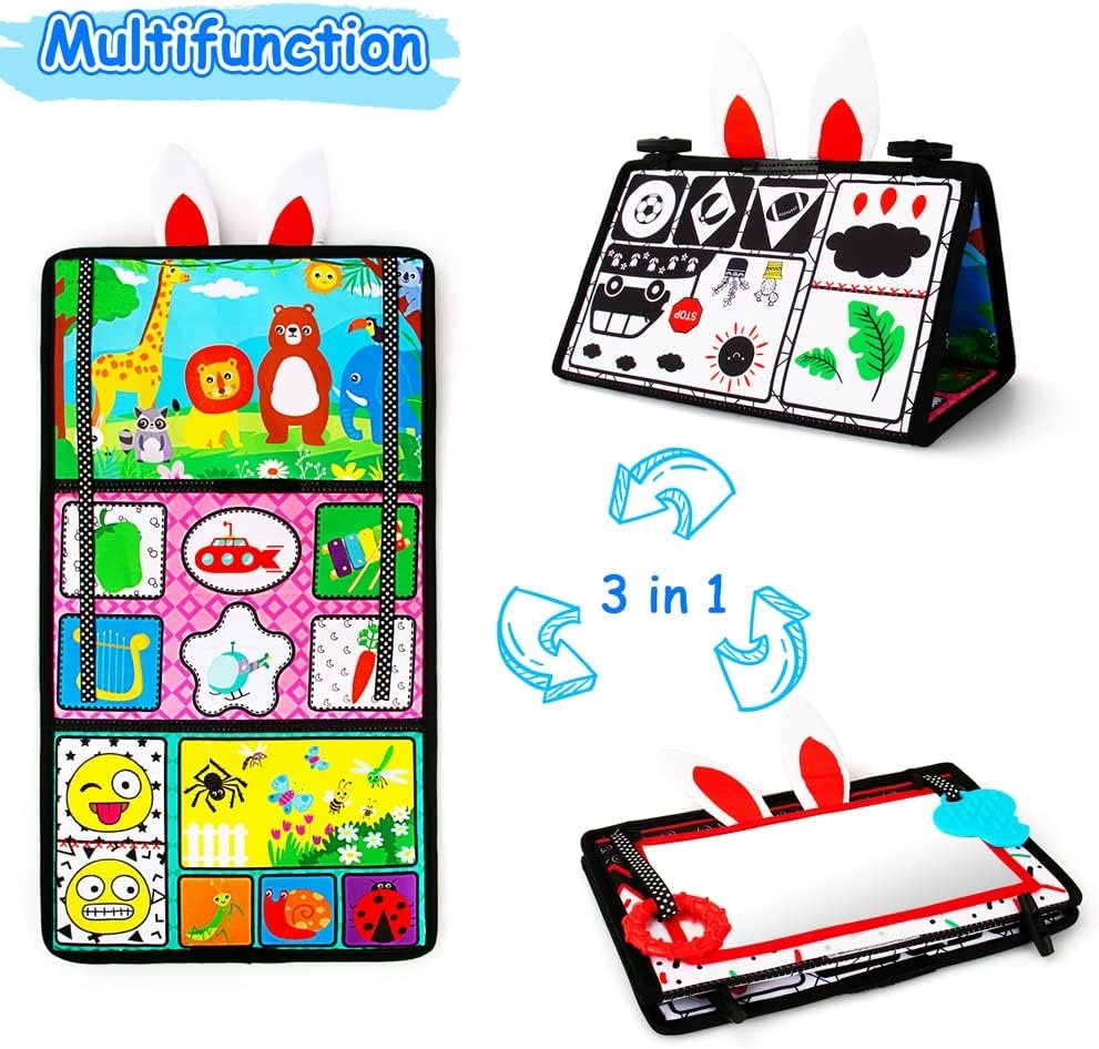 Inbeby Tummy Time Mirror Toy & Play Activity Cinrkle Mat, Black and White High Contrast Baby Newbron Toys 0 3 6 Months Brain Development, Snesory Texture Piano Infant Toys 0 3 6 Months with Squeaker