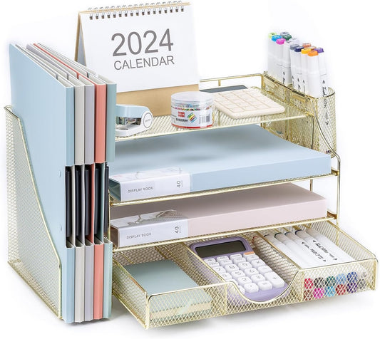 NCXTKJ Desk Organizers and Accessories, 4-Tier Paper Letter Tray Organizer with File Holder and Drawer, Mesh Workspace Desk Document Organization with 2 Pen Holder for Office Supplies - Gold