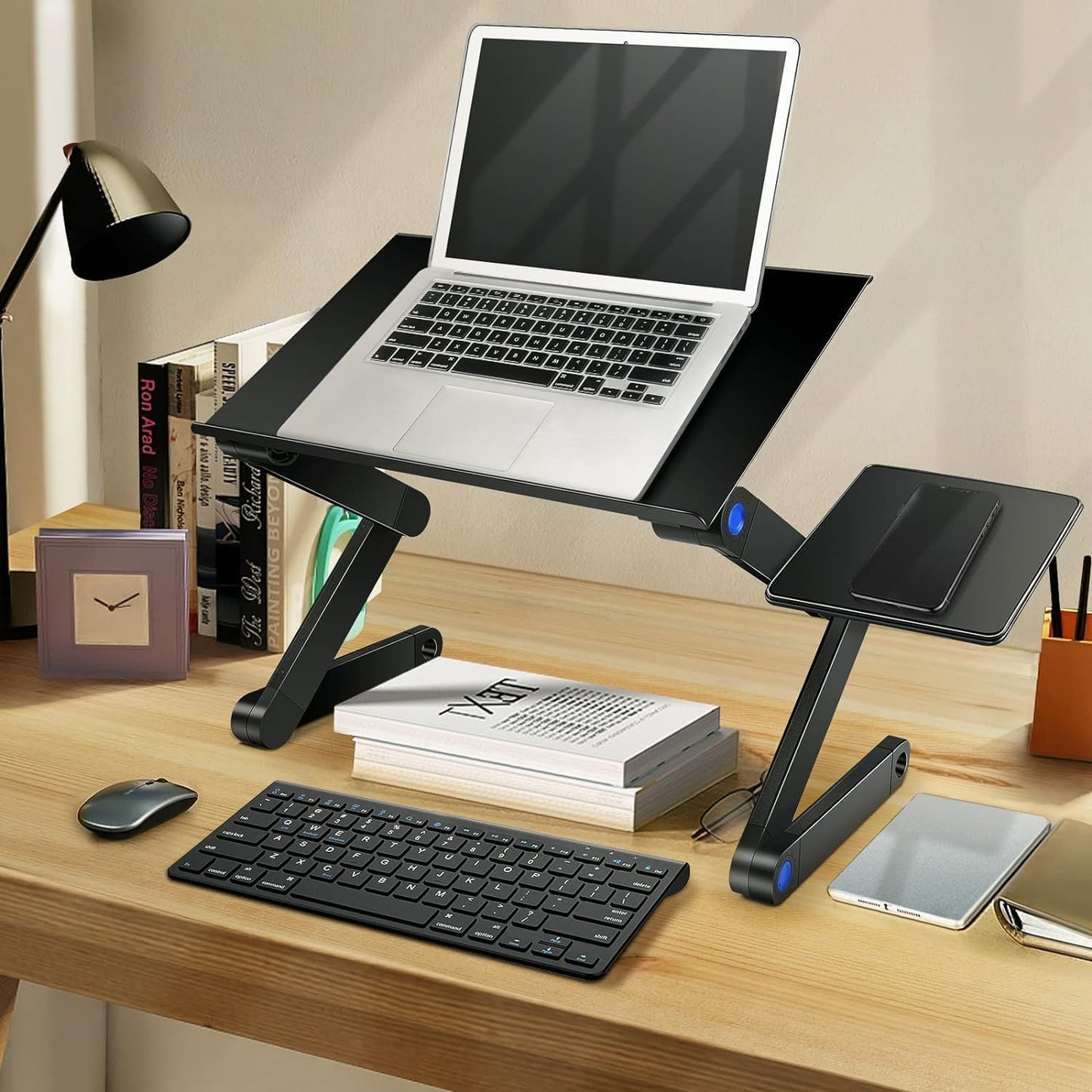 Desk Stand Table with Cooling Fan, Foldable Adjustable Aluminum Portable Laptop Stand Work Study Tv Bed Lap Tray Flexible Portable Reading Holder with CPU Fans Side-Mount Mouse Pad (Black)