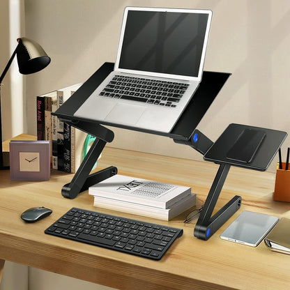 Desk Stand Table with Cooling Fan, Foldable Adjustable Aluminum Portable Laptop Stand Work Study Tv Bed Lap Tray Flexible Portable Reading Holder with CPU Fans Side-Mount Mouse Pad (Black)