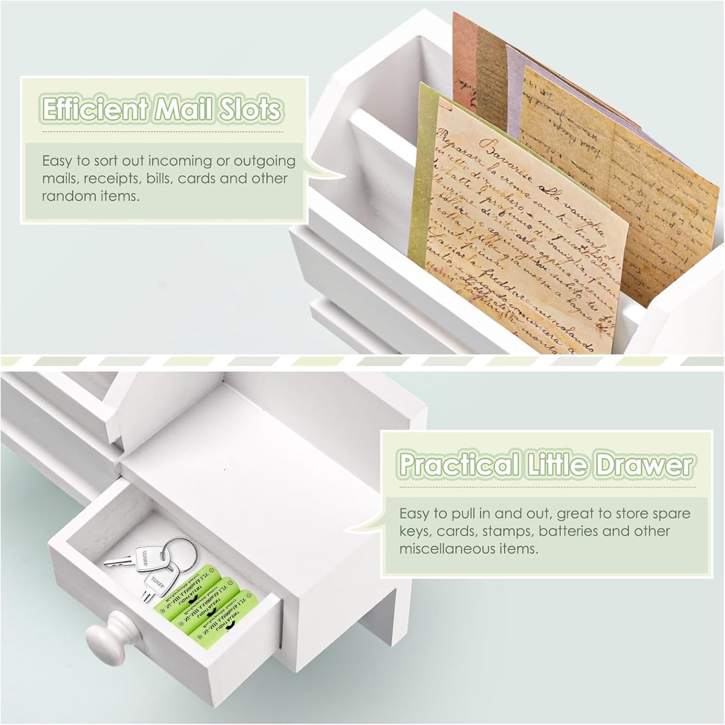 VIS'V Key Holder Wall Mount, Wooden Mail and Key Organizer with Drawer and Shelf, 2 Slots, 6 Hooks, White