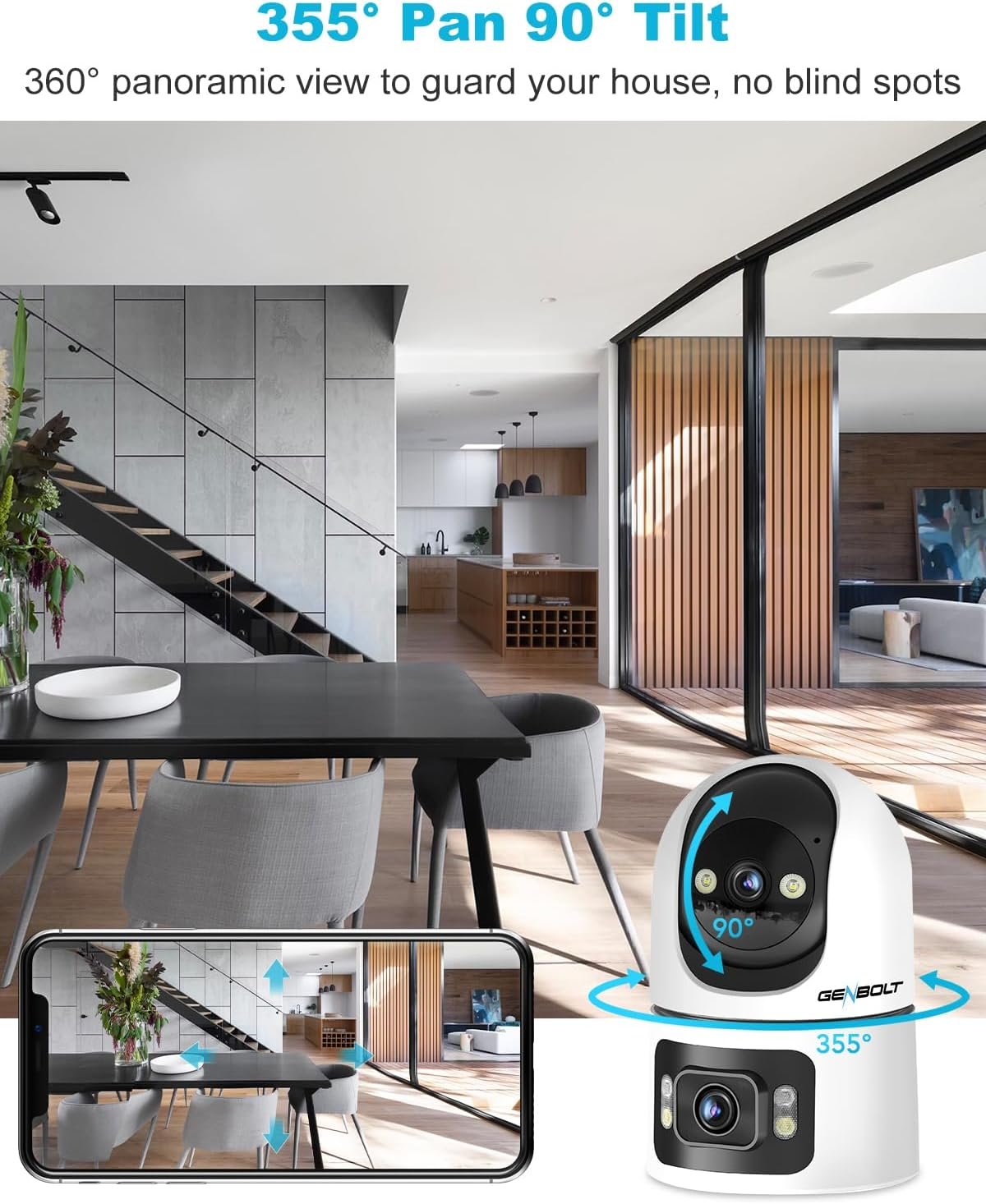 GENBOLT WiFi Security Camera Indoor, 360Â°Dual Lens Home Surveillance IP Camera CCTV with Humanoid Detection, Auto Cruise Nanny Pet Dog Cam, 2.4&5GHz Dual WiFi Baby Monitor with Audio Alarm
