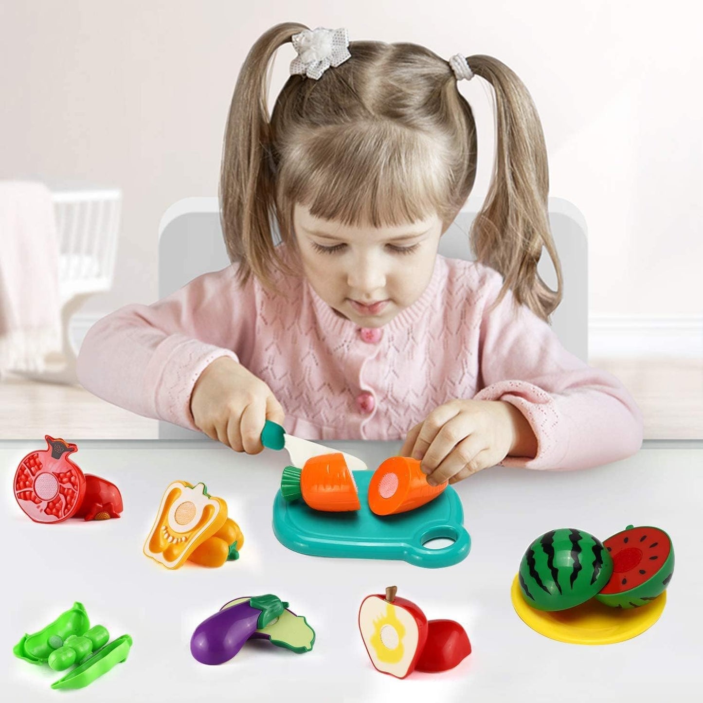 Uandhome 30 Pcs Cutting Play Food Toy for Kids Kitchen Pretend,Cooking Fruit &Vegetables Accessories with Shopping Storage Basket,Mini Dishes and Utensils for Baby Children Educational Toy,Birthday