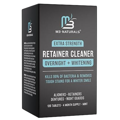 Overnight + Whitening Retainer Cleaner | FSA HSA Approved | Remove Stains, Discoloration, and Plaque | 4 Month Supply | Denture Cleanser with Whitening Boost by M3 Naturals