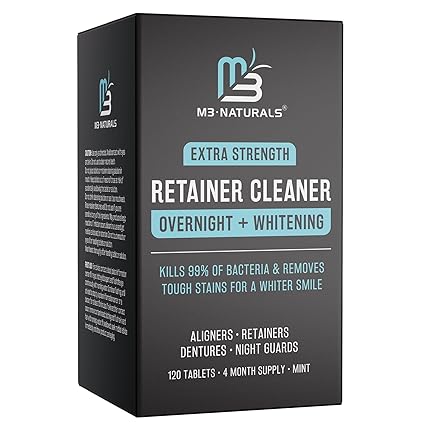 Overnight + Whitening Retainer Cleaner | FSA HSA Approved | Remove Stains, Discoloration, and Plaque | 4 Month Supply | Denture Cleanser with Whitening Boost by M3 Naturals