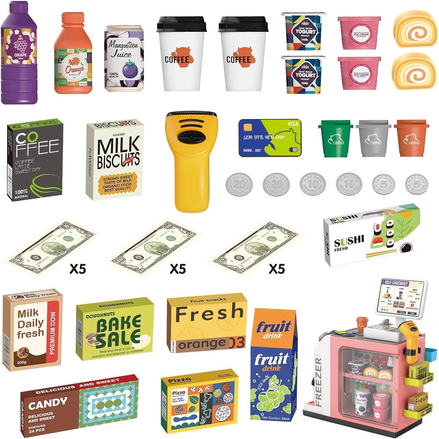 Cash Register Playset for Kids-46PCS with Scanner, Play Food and Money, Mini Supermarket Grocery Play Store Pretend Cashier, Coffee Machine, Pretend Play Toy Gift for Toddlers Boys Girls Ages 3 4 5 6