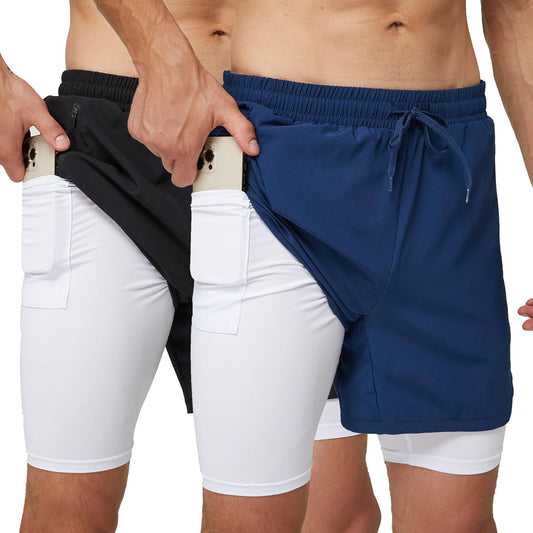 frueo 2 Pack 2 in 1 Running Shorts Men Quick Dry Lightweight Sport Athletic Gym Shorts Men with Zipper Pocket Compression Base Liner Workout