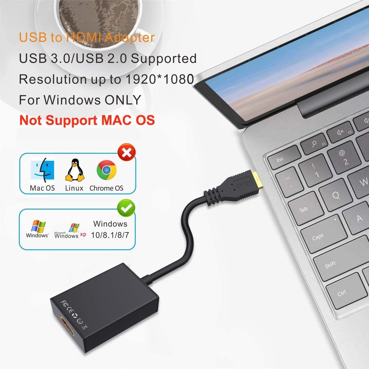USB to HDMI Adapter,ABLEWE USB 3.0/2.0 to HDMI 1080P Video Graphics Cable Converter with Audio for PC Laptop Projector HDTV Compatible with Windows XP 7/8/8.1/10[Mac OS not Supported]