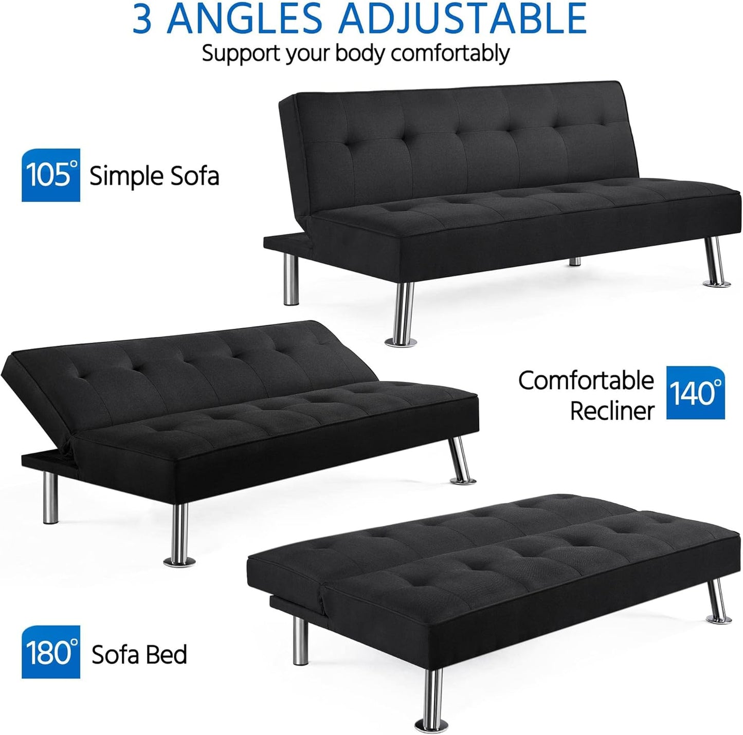 Yaheetech Sofa Bed Convertible Sofa Bed 3-Seater Padded Furniture Reclining Sofa with Metal Legs for Living Room Guest Bedroom Black/Fabric
