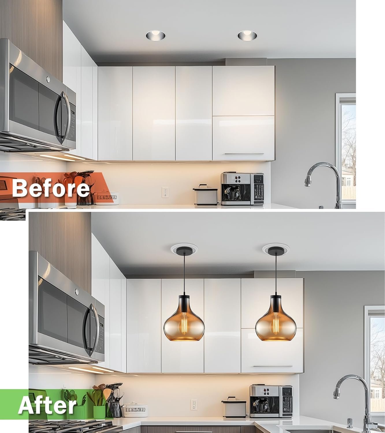 tebio R5 and R6 Recessed Can Light Conversion Kit, Light Fixture Upgrade, Pendant Light, Fan Compatible, Includes 7¾ Inch Decorative Plastic Medallion, White Finish