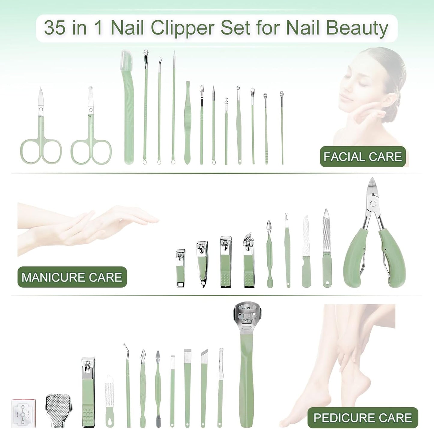 Madenia 35 in 1 Manicure Set: Professional Nail Clipper Tools for Manicure and Pedicure Polishing - Portable Stainless Steel Nail Care Kits for Travel & Home Use(Green)