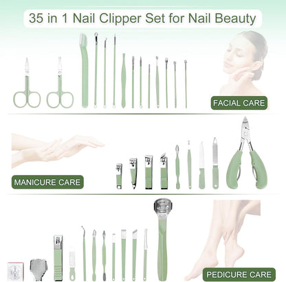 Madenia 35 in 1 Manicure Set: Professional Nail Clipper Tools for Manicure and Pedicure Polishing - Portable Stainless Steel Nail Care Kits for Travel & Home Use(Green)