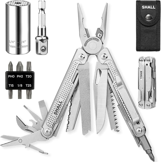 SHALL Multi Tool, 18-in-1 Multitool Pliers, Stainless Steel Multi-Tool Pocket Knife w/Screwdriver Bit & Universal Socket, Self-Locking Multipurpose Tool w/Sheath for Camping Fishing Survival Hunting