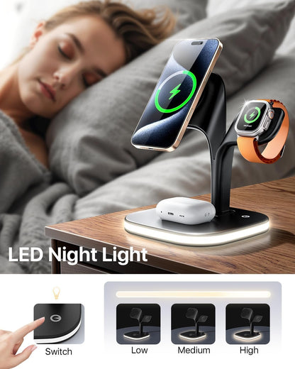 EXW Magnetic Charging Station, 3 in 1 Fast Mag-Safe Wireless Charger Stand for iPhone 16,15,14,13,12 Pro/Max/Mini/Plus, Apple Watch 2-10/SE and Airpods 4/3/2/Pro/Pro 2 with LED and Adapter (Black)