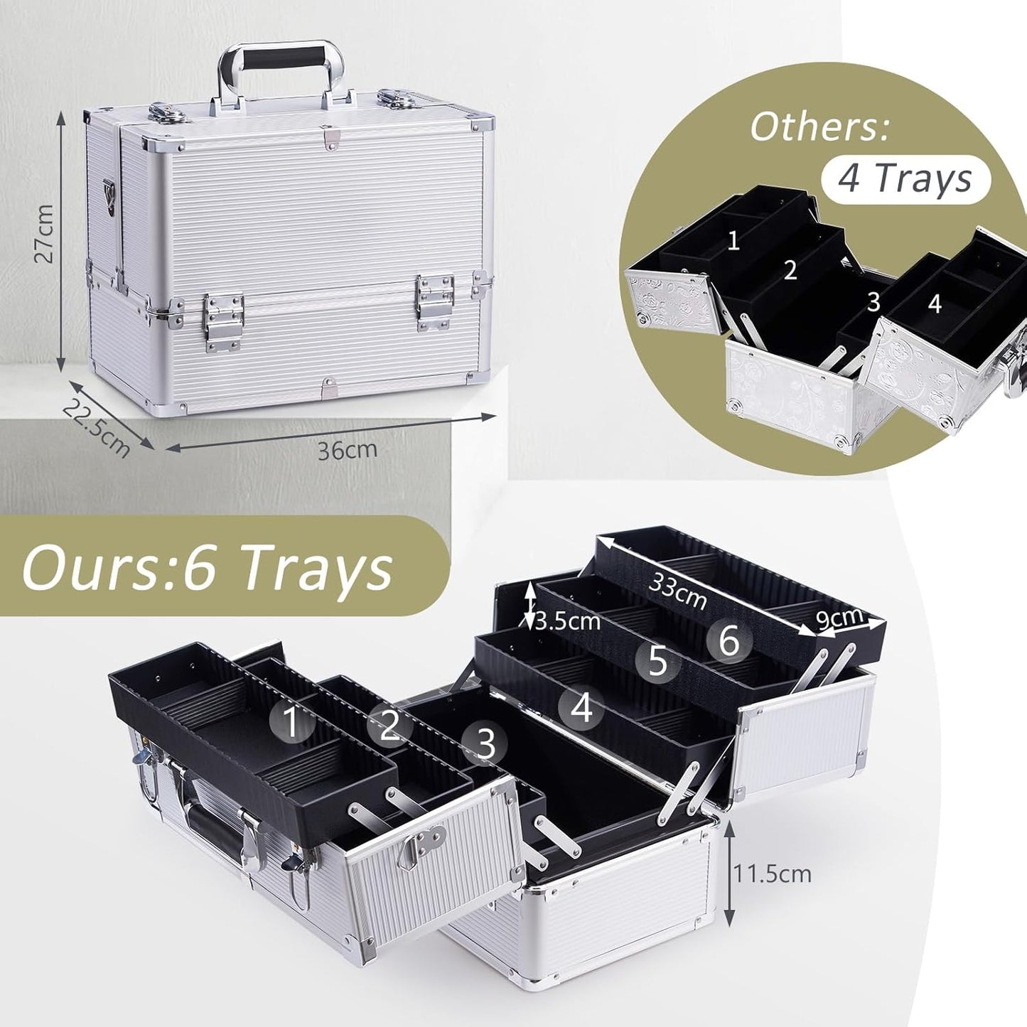 Joligrace Makeup Case for Nail Cosmetics Case Makeup Case Makeup Beauty Case Travel Case Professional Organizer Box Makeup Holder 6 Trays with Dividers and Shoulder Strap, silver, 36 cm x 22.5 cm x 27