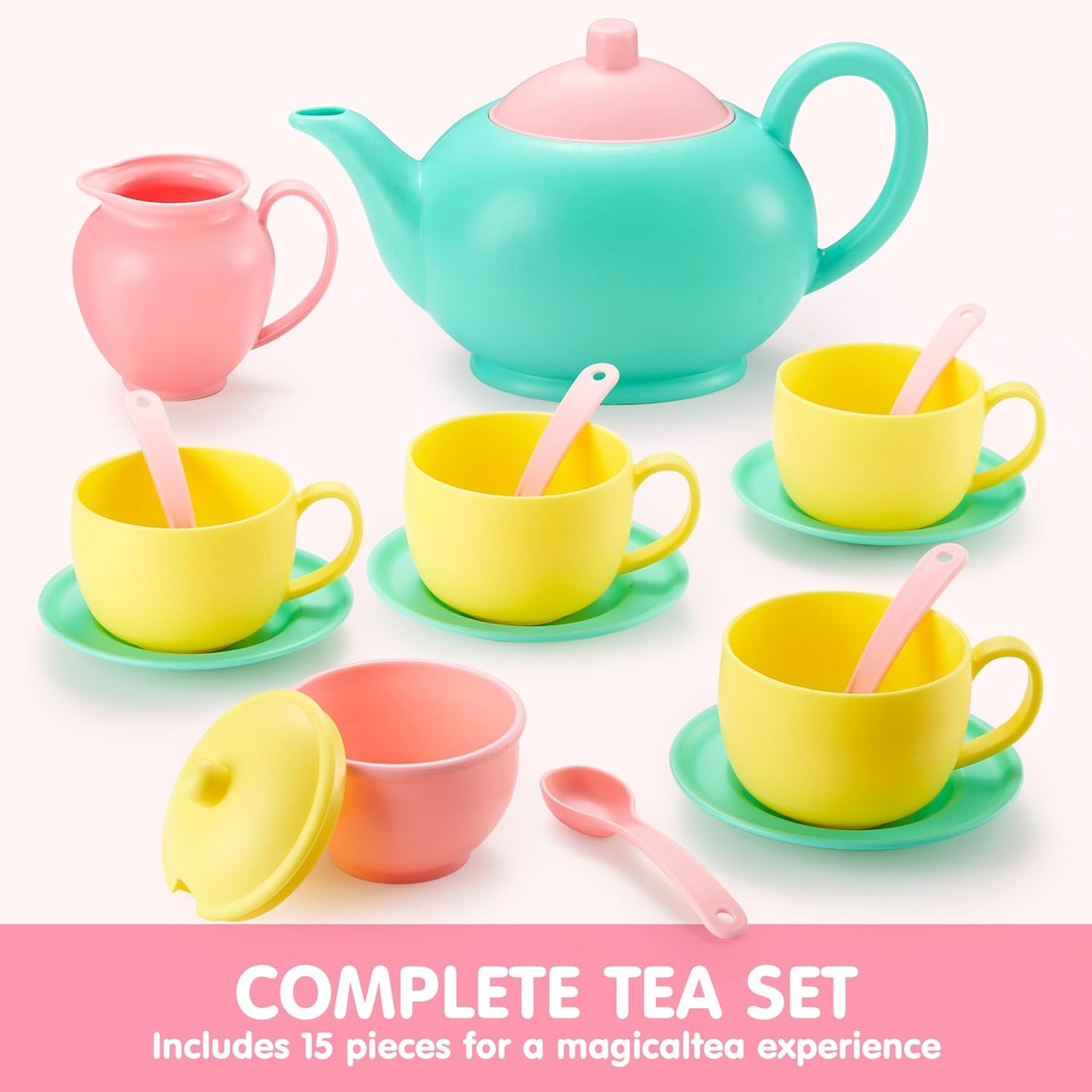 JOYIN 18PCS Pretend Play Tea Party Set for Little Girl, Play Food Toy Accessories, BPA Free, Phthalates Free, Plastic Tea Set, Mini Kitchen for Kids, Toddler Boys Girls Ages 3,4,5,6 Years Old Gifts