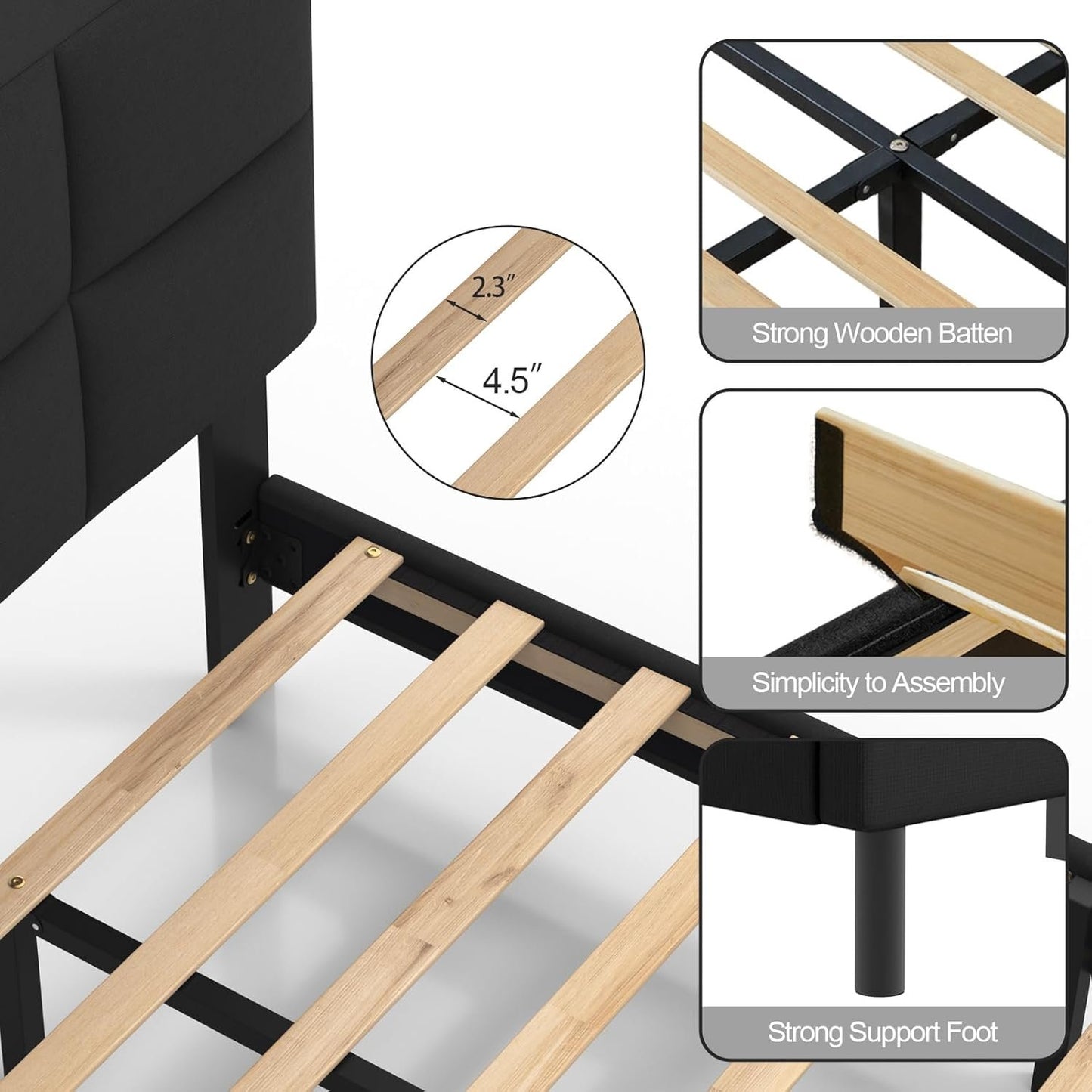 Natulliy Upholstered Platforms Twin Bed Frames with Headboard，Underbed Storage Heavy Duty Steel Slat Support Black Twin Bed Frames