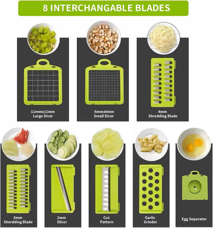Vegetable Chopper Cutter Slicer Multifunctional 13-in-1 Food Veggie Onion Potato Fruit Chopper Cutter Dicer with Container, 8 Interchangable Blades, Hand Protector, Drain Strainer, Cleaning Brush