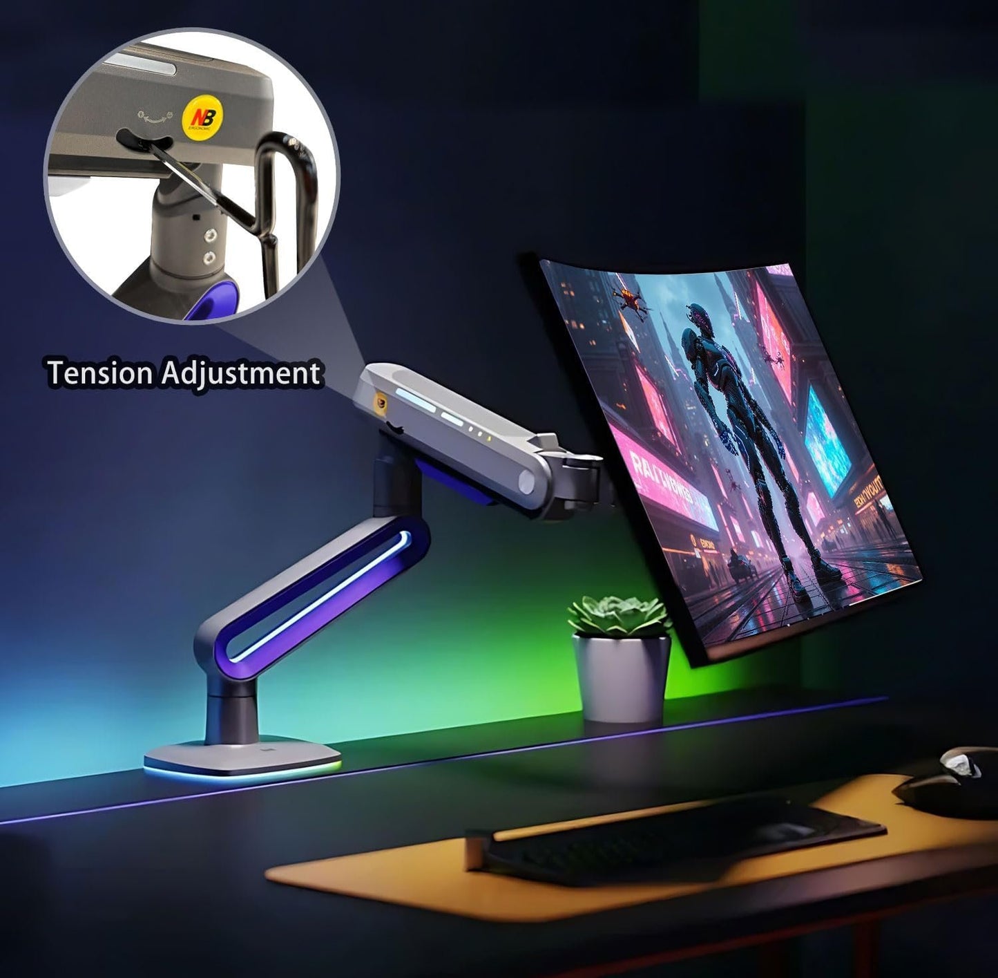 NB ERGONOMIC RGB Gaming Monitor-arm for Flat/Ultrawide/Curved Monitors 32 to 60 inch, Heavy Duty Stand Load up to 20 kg, VESA 75/100 mm Monitor-Mount G70-New