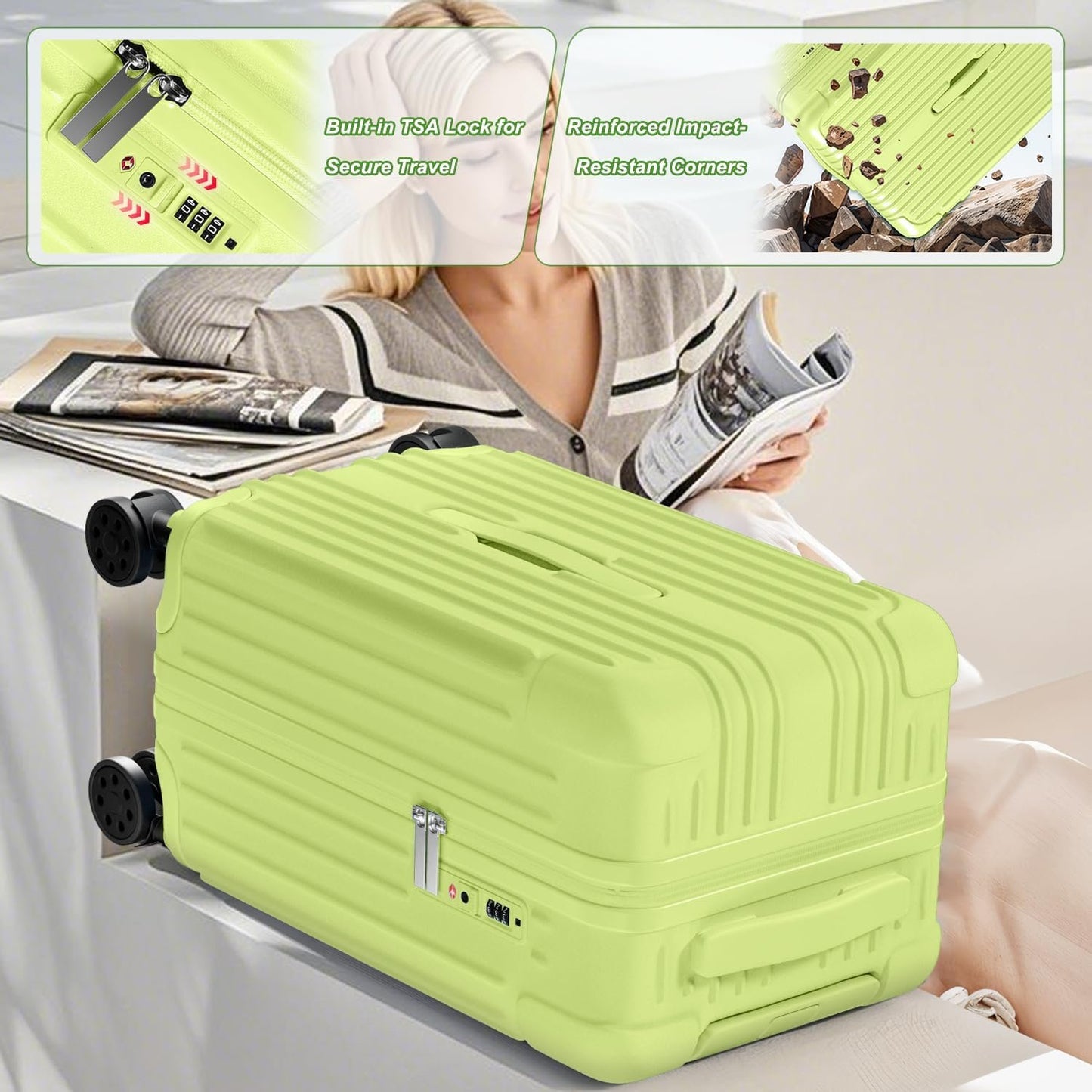 Krute Luggage Sets 2 Piece Suitcase PC+ABS Hardside Spinner Wheels TSA Lock Carry On Luggage 20+28 Inch (AppleGreen)
