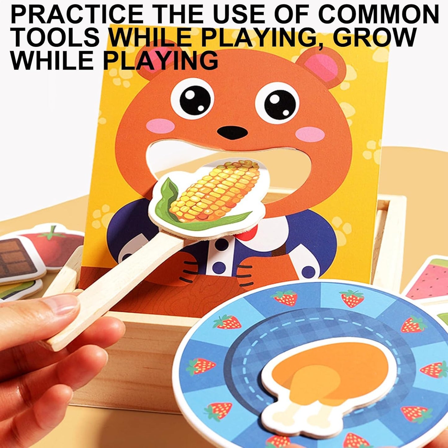 Wooden Feeding Toy, Bear Pretend Food Set, Encourages Learning Play Set, Educational Training Game for Toddler Ages 3+, 6.61 x 5.79 x 1.89 inches, Multicolour