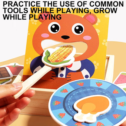 Wooden Feeding Toy, Bear Pretend Food Set, Encourages Learning Play Set, Educational Training Game for Toddler Ages 3+, 6.61 x 5.79 x 1.89 inches, Multicolour