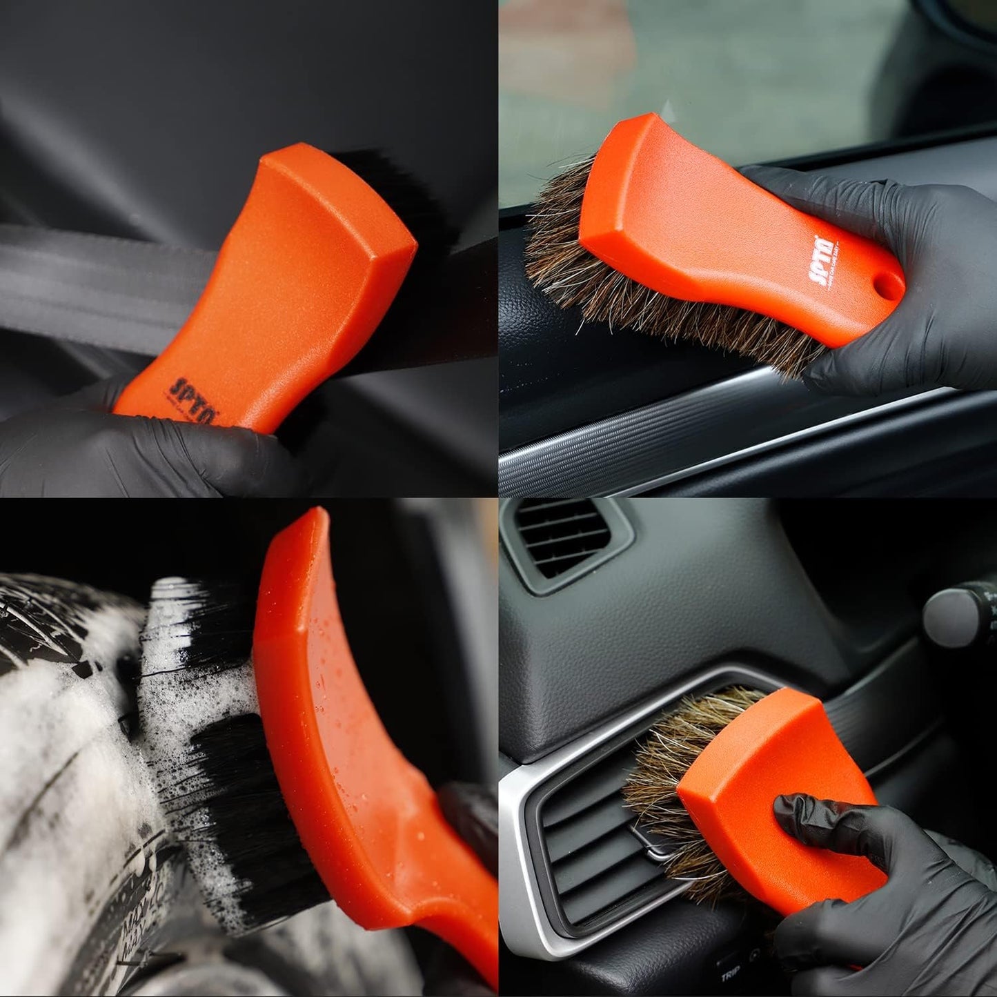 SPTA 3Pcs Car Detailing Brush Kit, Leather & Textile Interior Brush, Comfortable Grip and Scratch-Free Cleaning for Dashboard, Wheels, Seats, Foot Mats and Small Areas