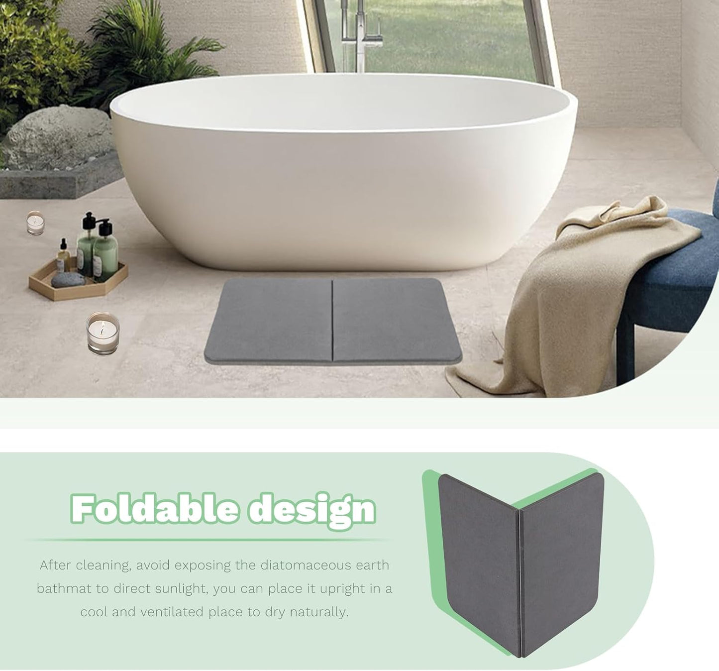 Stone Bath Mat, Natural Diatomaceous Earth Bath Mat, Non Slip Super Absorbent Quick Drying Diatomite Mat for Bathroom, Bathtub, Kitchen Counter, Both Sides Available with Cleaning Tool (Dark Gray)