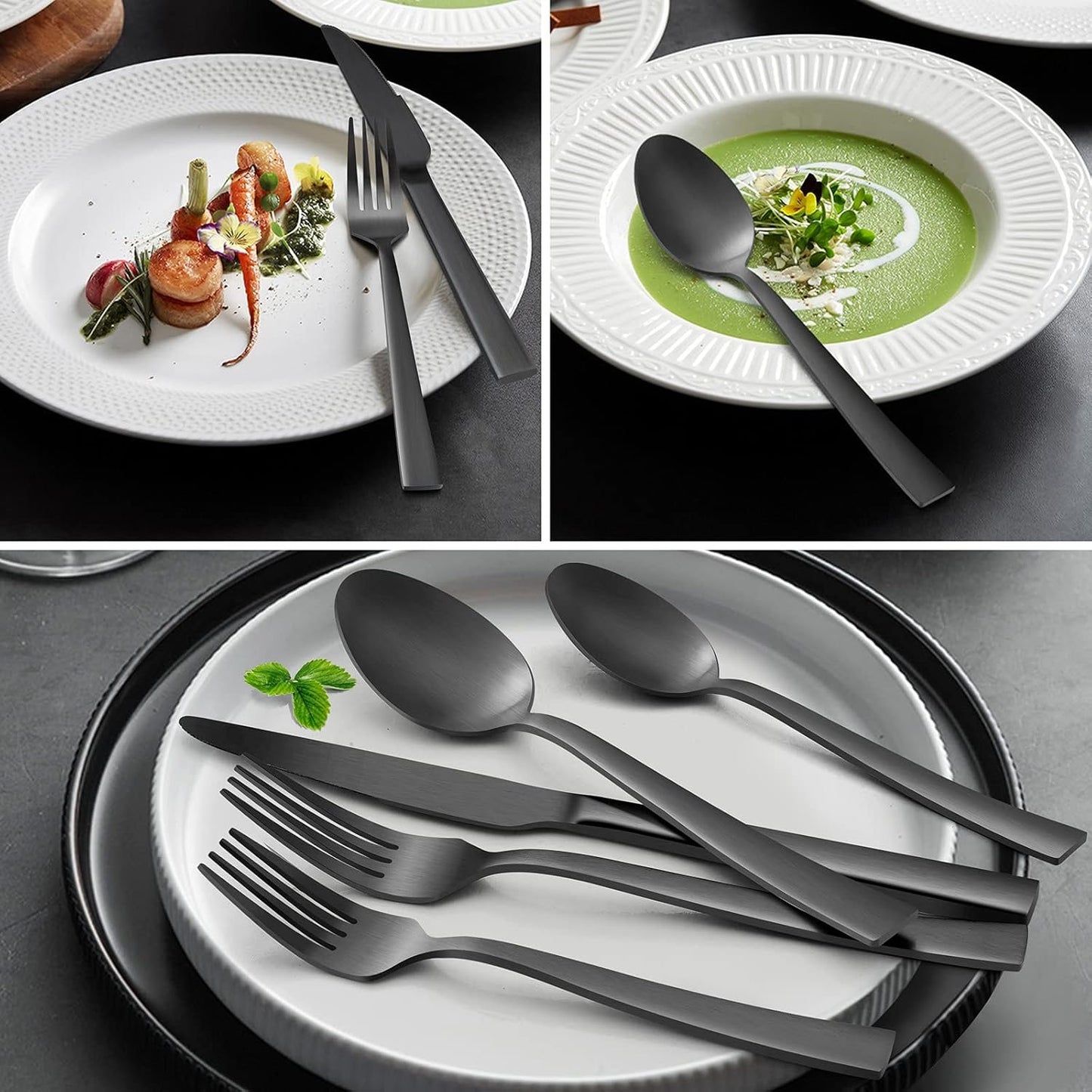 40-Piece Matte Black Silverware Set, E-far Stainless Steel Flatware Set Service for 8, Metal Cutlery Eating Utensils Tableware Includes Forks/Spoons/Knives, Square Edge