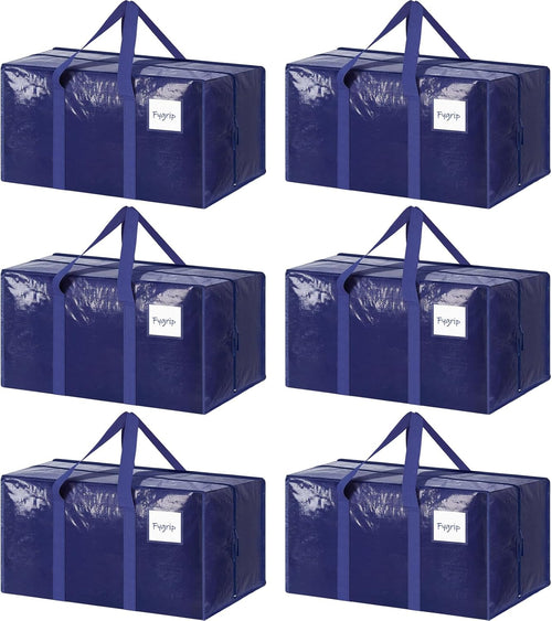 6 Pack Extra Heavy Duty Large Moving Bags with Strong Zipper & Comfortable Handles, Sturdy & Durable Clothes Storage Bags Totes Bins, Blue Packing Moving Boxes for College Supplies, Dark Blue