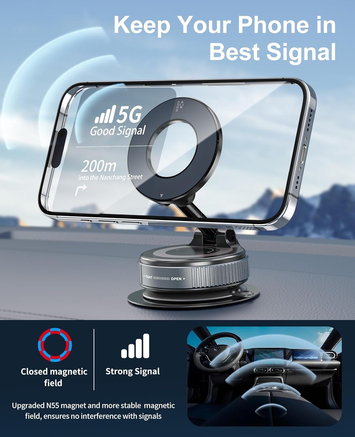 Vacuum Magnetic Car Phone Holder for MagSafe, 360°Magnetic Phone Holder for Car Hands-Free Suction Cup Car Phone Holder Mount for Car/Gym/Mirror/Shower, Cell Phone Holder for iPhone 16 15 14 Android