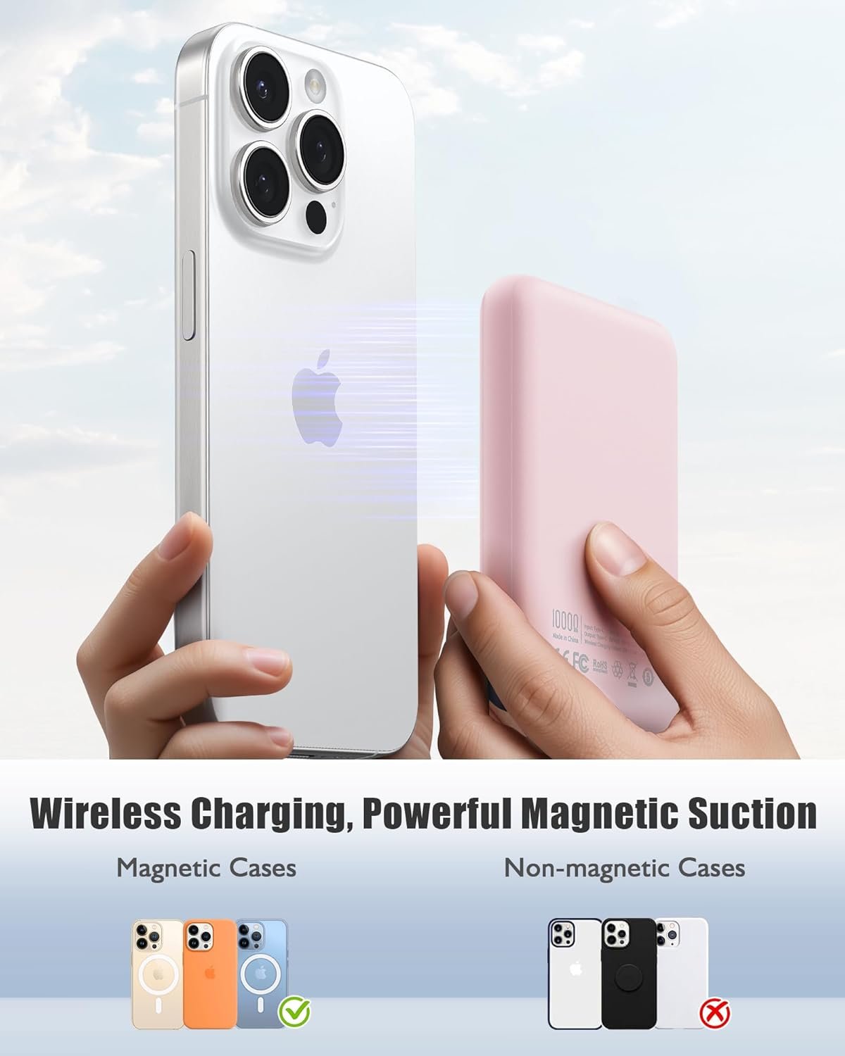 QECVEC Mag-Safe Power Bank - 10000mAh Magnetic Portable Charger with 15W Wireless Fast Charging & 20W PD Wired Charging, Compatible for iPhone 12/13/14/15/16 Series. (Pink)