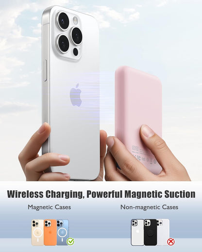 QECVEC Mag-Safe Power Bank - 10000mAh Magnetic Portable Charger with 15W Wireless Fast Charging & 20W PD Wired Charging, Compatible for iPhone 12/13/14/15/16 Series. (Pink)