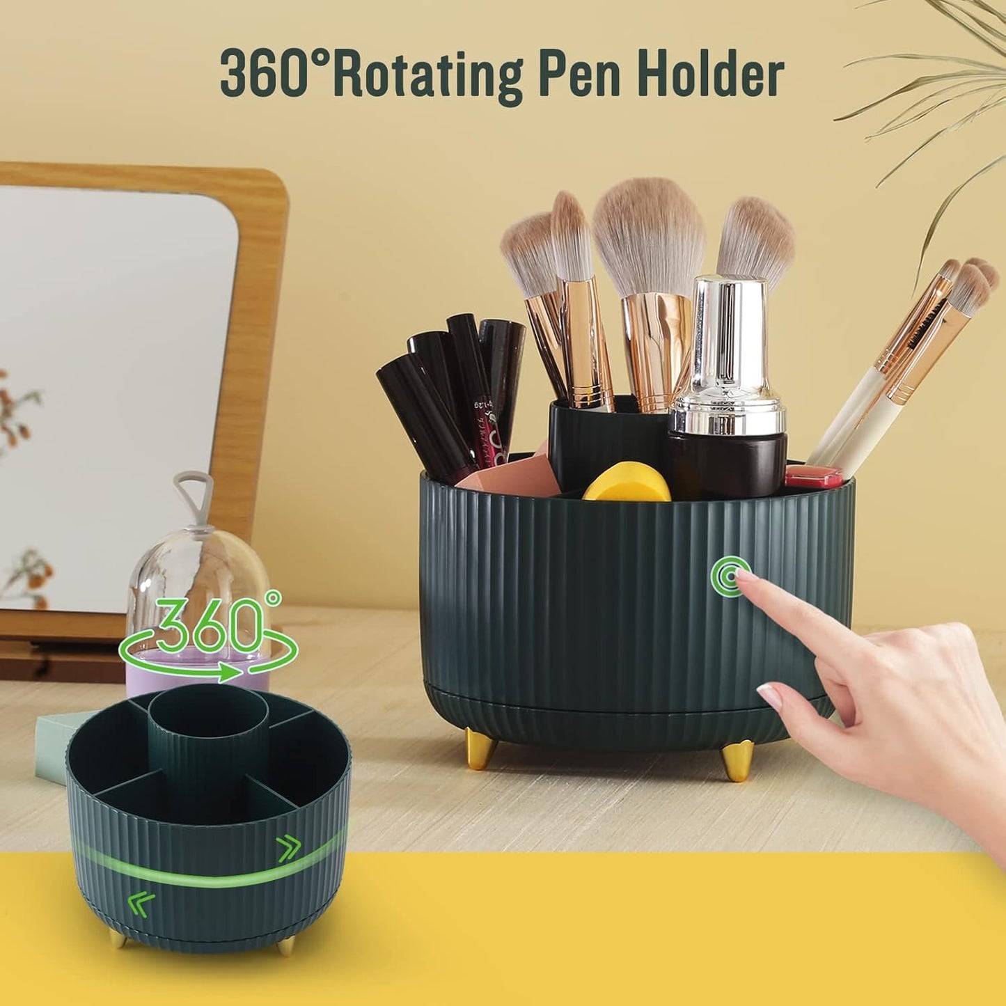 DOCMON Desk Organizer, Rotating Pen Pencil Holder for Desk, Spinning Desk Pen Organizer, Cute 5 Slots Pen Cup Pencil Cup for School, Office, Home - Dark Green