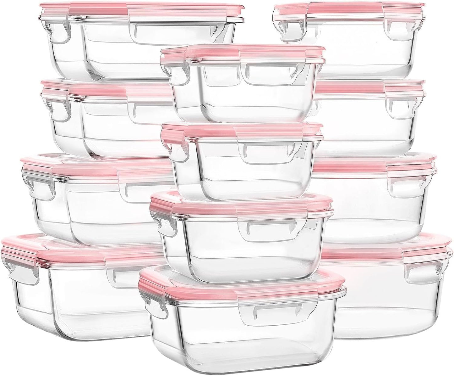 MUMUTOR Glass Food Storage Containers with Lids, [24 Piece] Glass Meal Prep Container, Airtight Bento Boxes, BPA Free & Leak Proof (12 lids & 12 Containers) - Pink