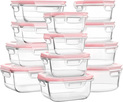 MUMUTOR Glass Food Storage Containers with Lids, [24 Piece] Glass Meal Prep Container, Airtight Bento Boxes, BPA Free & Leak Proof (12 lids & 12 Containers) - Pink